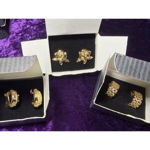 Avon Earring Lot Clip Rose Passion Flower Gold Tone Hoops Rhinestones Box